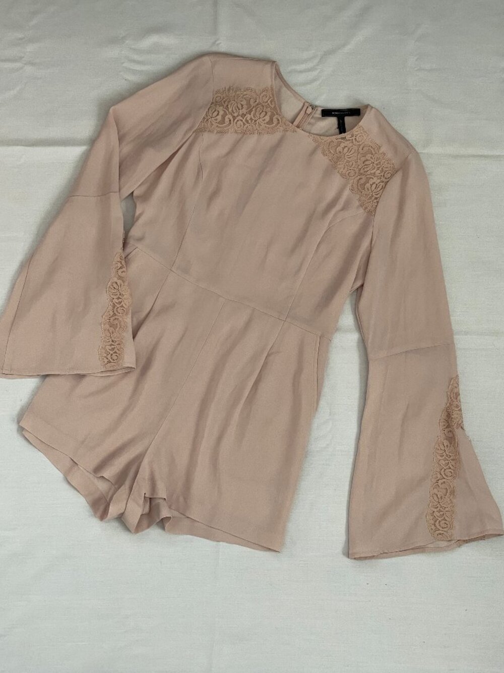 BCBGMaxAzria light pink long sleeve chiffon & lace romper